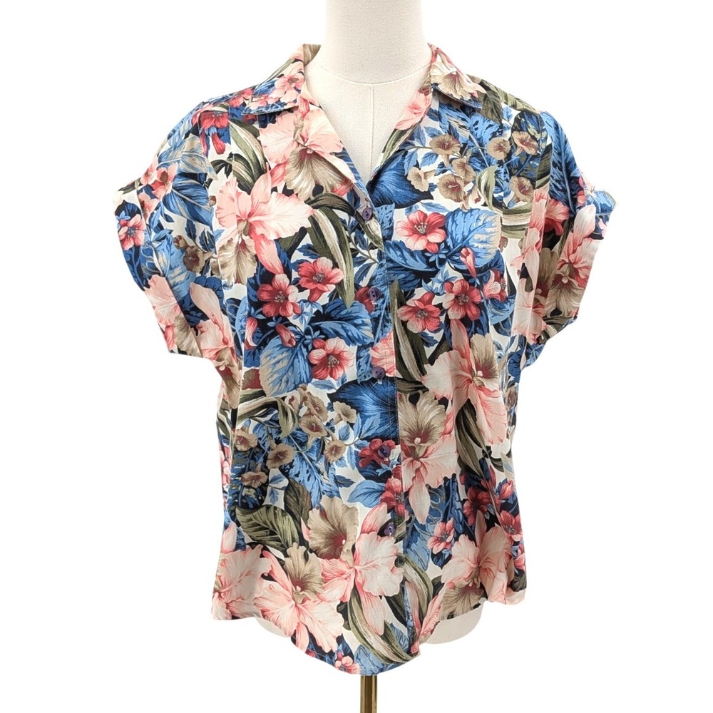 Vintage Tropical Floral Blouse Caliche Rayon Button Front Hawaii Style L
